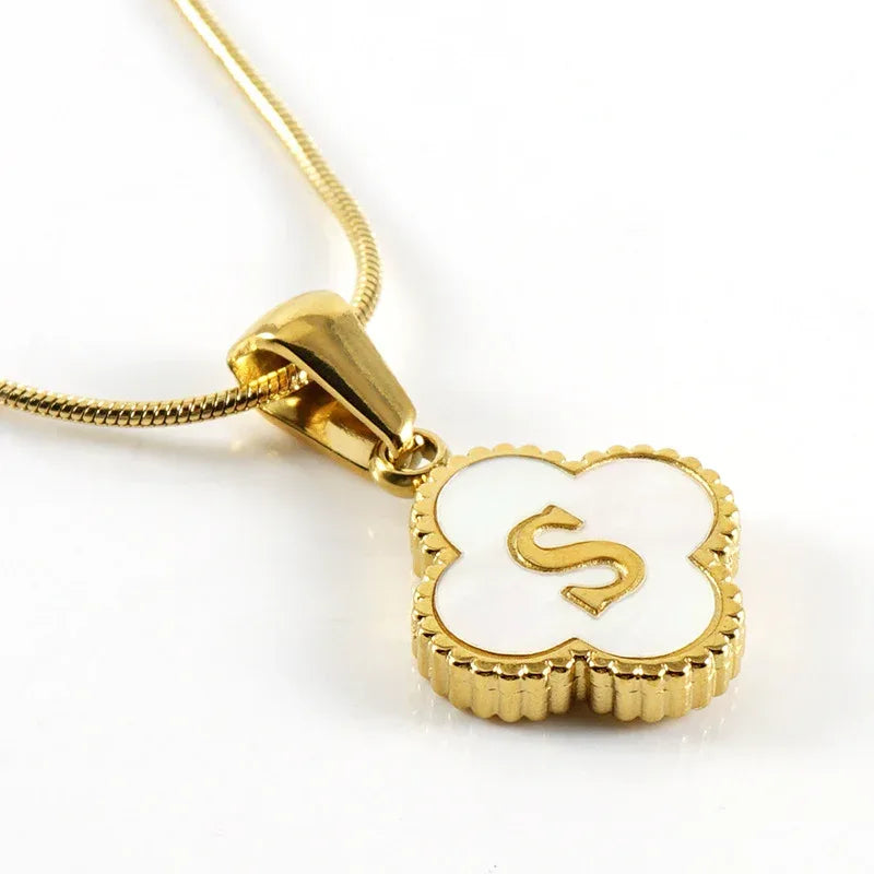 Stainless Steel Clover Shell Letter Pendant with Chain - Viexta