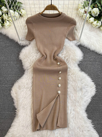 Solid Color Round Neck Knitted Slit Sheath Dress