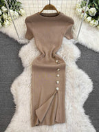 Solid Color Round Neck Knitted Slit Sheath Dress - Viexta