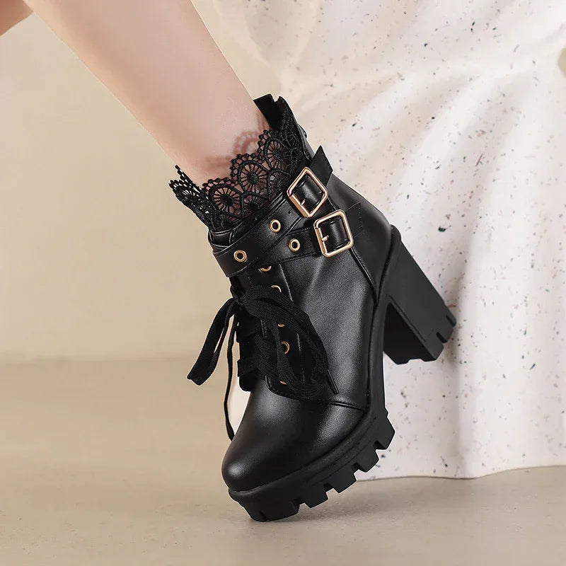 Princess Lace Up Belt Buckle Boots - Viexta