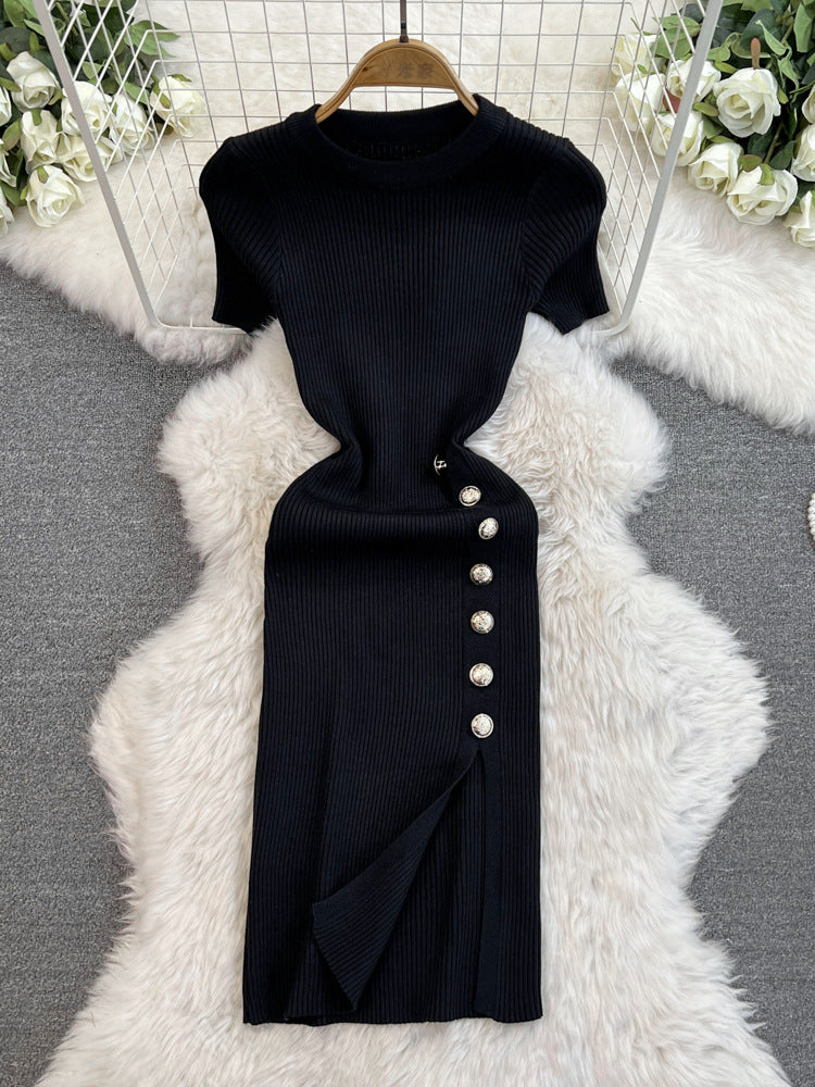 Solid Color Round Neck Knitted Slit Sheath Dress