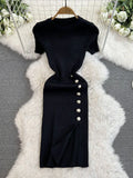 Solid Color Round Neck Knitted Slit Sheath Dress - Viexta