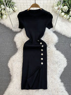 Solid Color Round Neck Knitted Slit Sheath Dress - Viexta