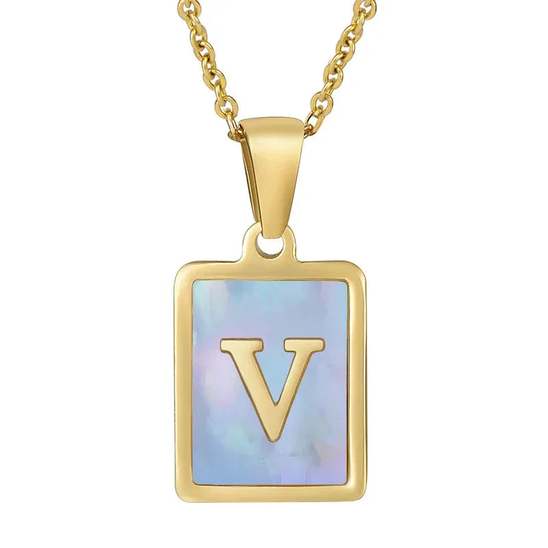 Titanium Steel 26 English Letter Blue Shell Necklace - Viexta