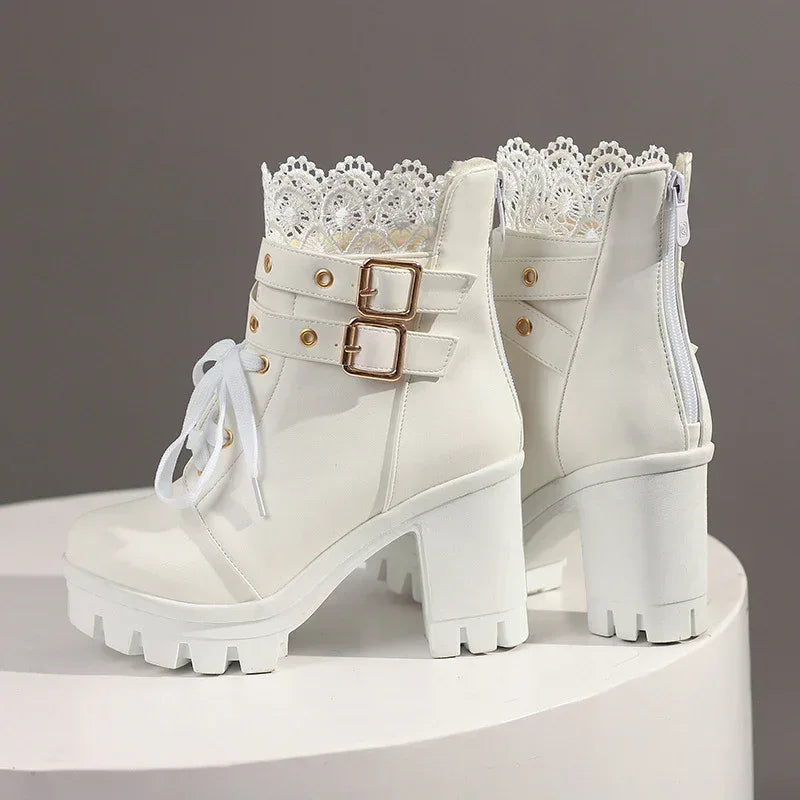 Princess Lace Up Belt Buckle Boots - Viexta