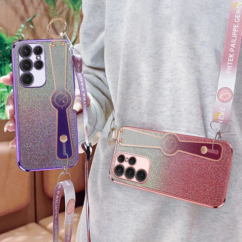 Gradient Glitter Wristband Cross Body Lanyard Samsung Phone Case - Viexta
