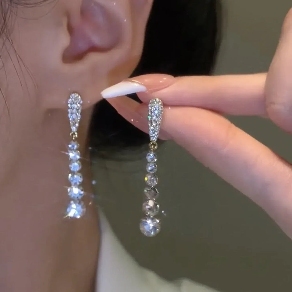 Sterling Silver Rhinestone Tassel Earrings - Viexta