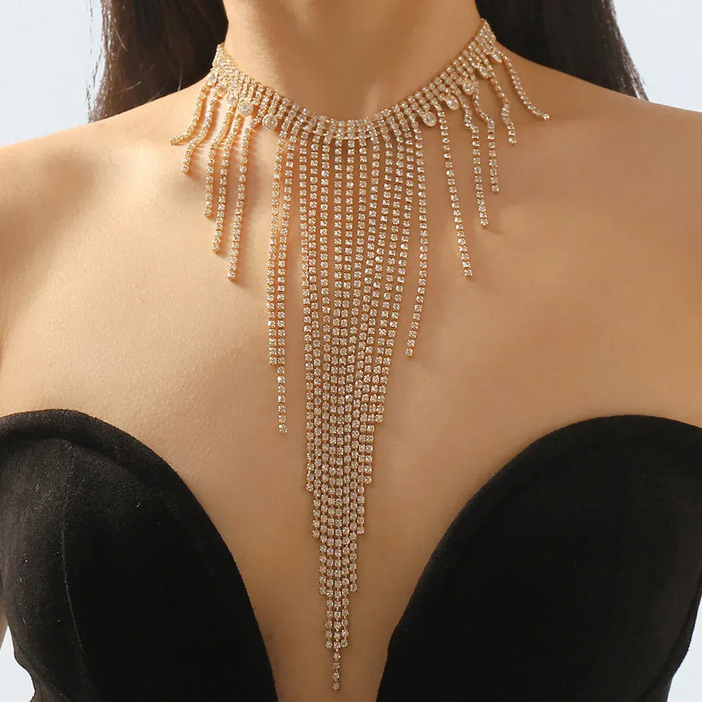 Long Tassel Rhinestone Necklace - Viexta