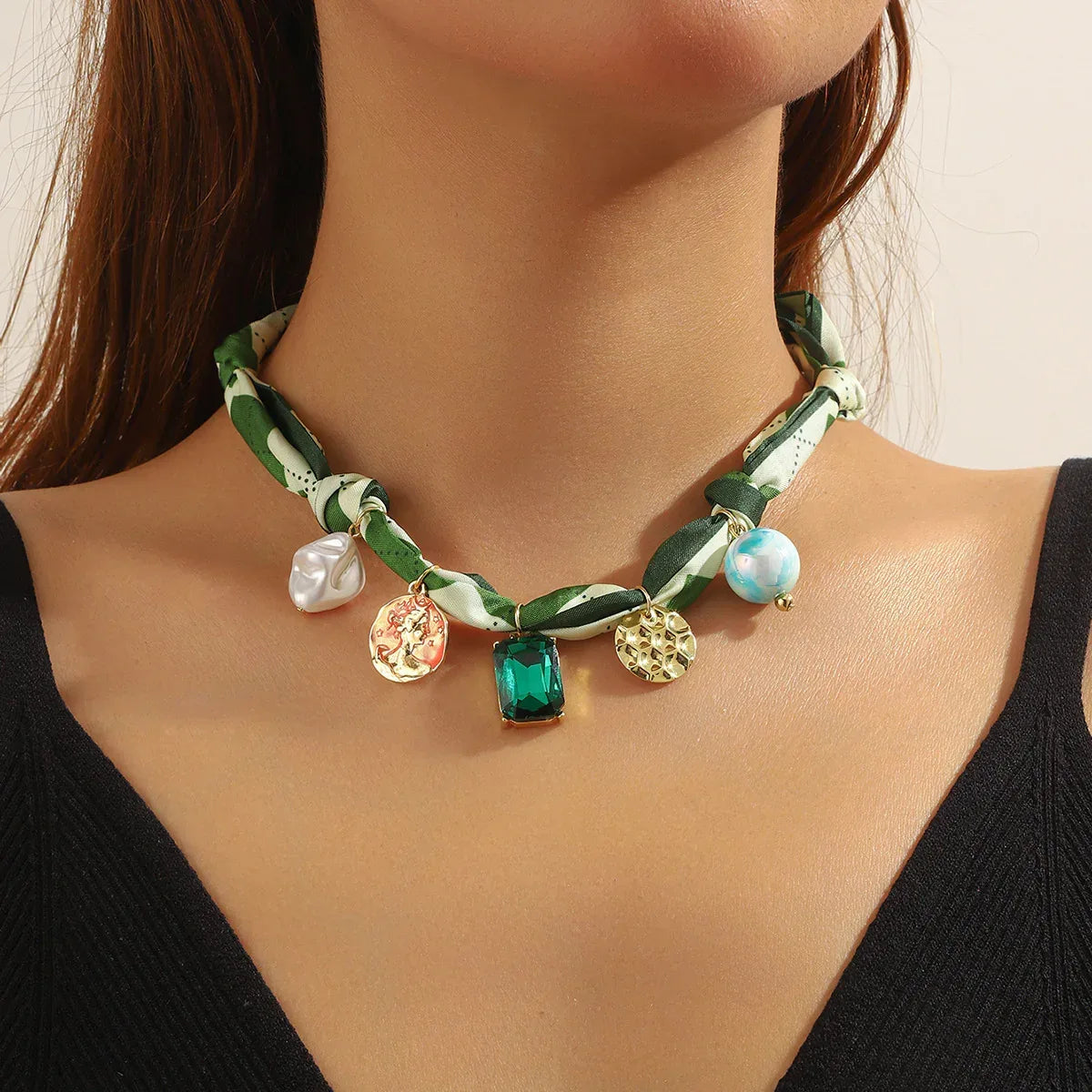 Summer Scarf Necklace Multi-pendant Pearl Silk Scarf Necklace - Viexta