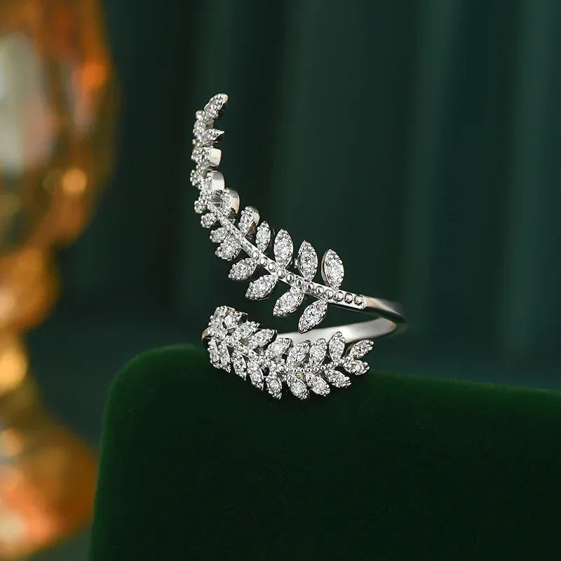 Micro-inlaid Shiny Leaves Open Ring - Viexta