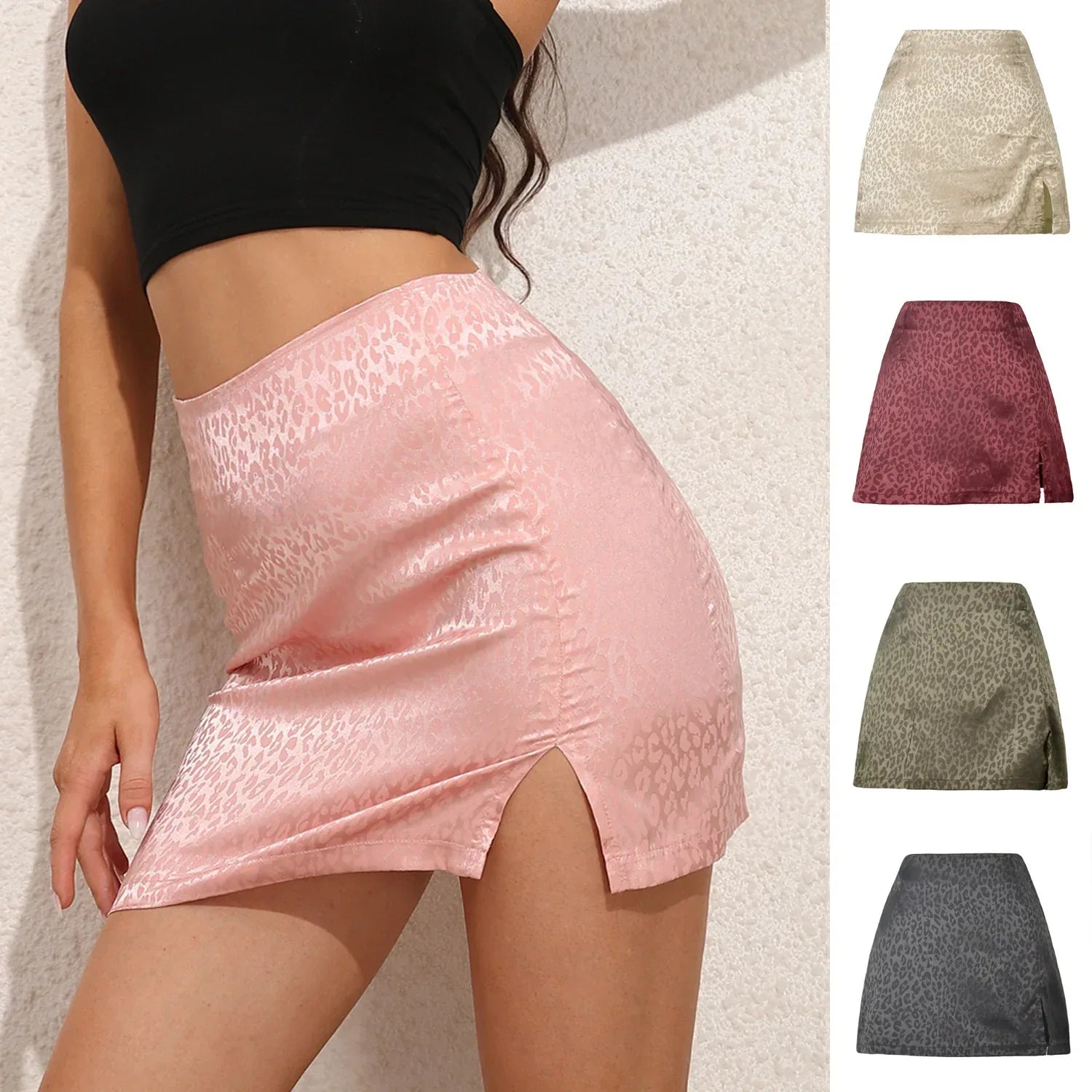 Leopard Print High Waist Slit Short Skirt - Viexta