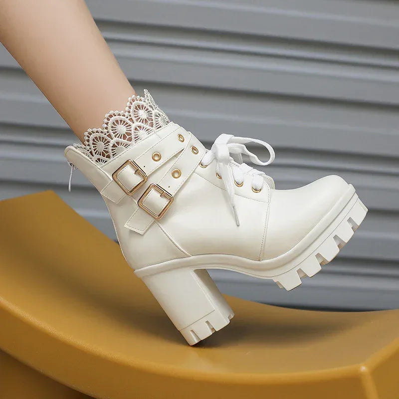 Princess Lace Up Belt Buckle Boots - Viexta