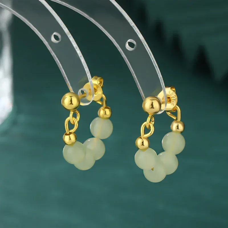 Retro Green Beads String Stud Earrings - Viexta