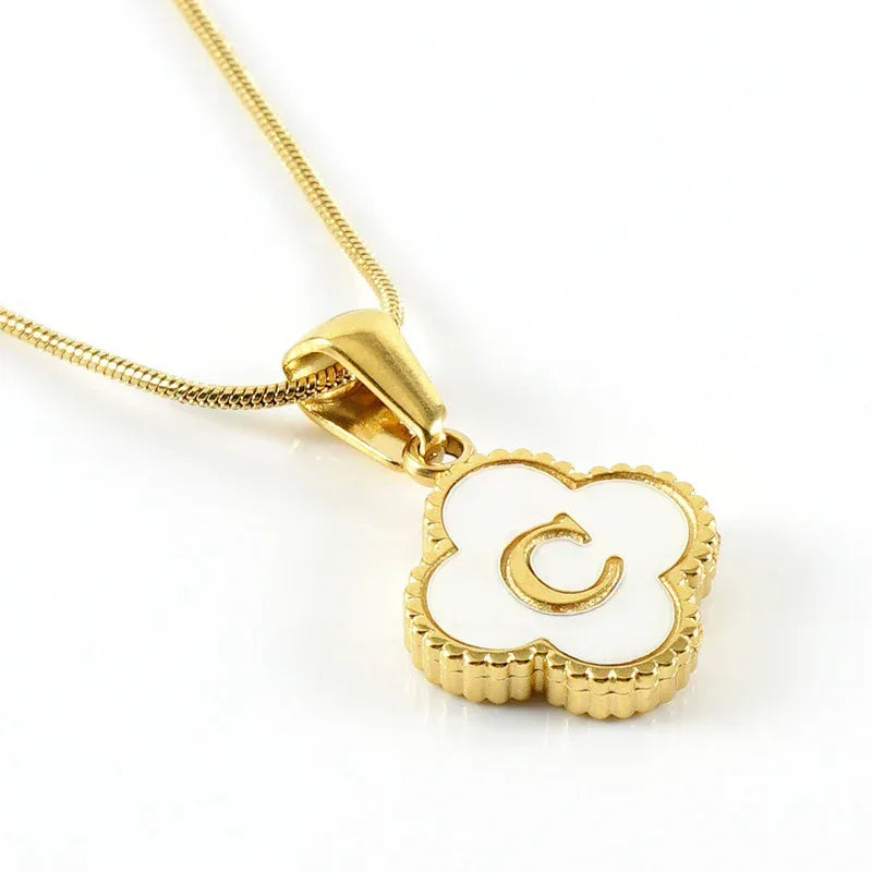 Stainless Steel Clover Shell Letter Pendant with Chain - Viexta