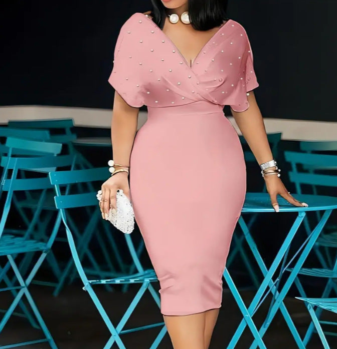 V-neck Foam Beads Mid-length Dress