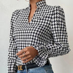 Houndstooth V-neck Long Sleeve Top - Viexta