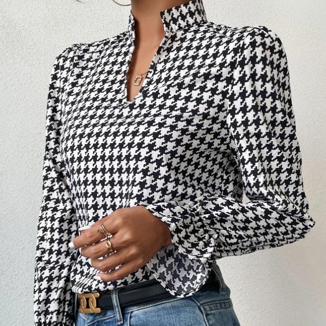 Houndstooth V-neck Long Sleeve Top - Viexta