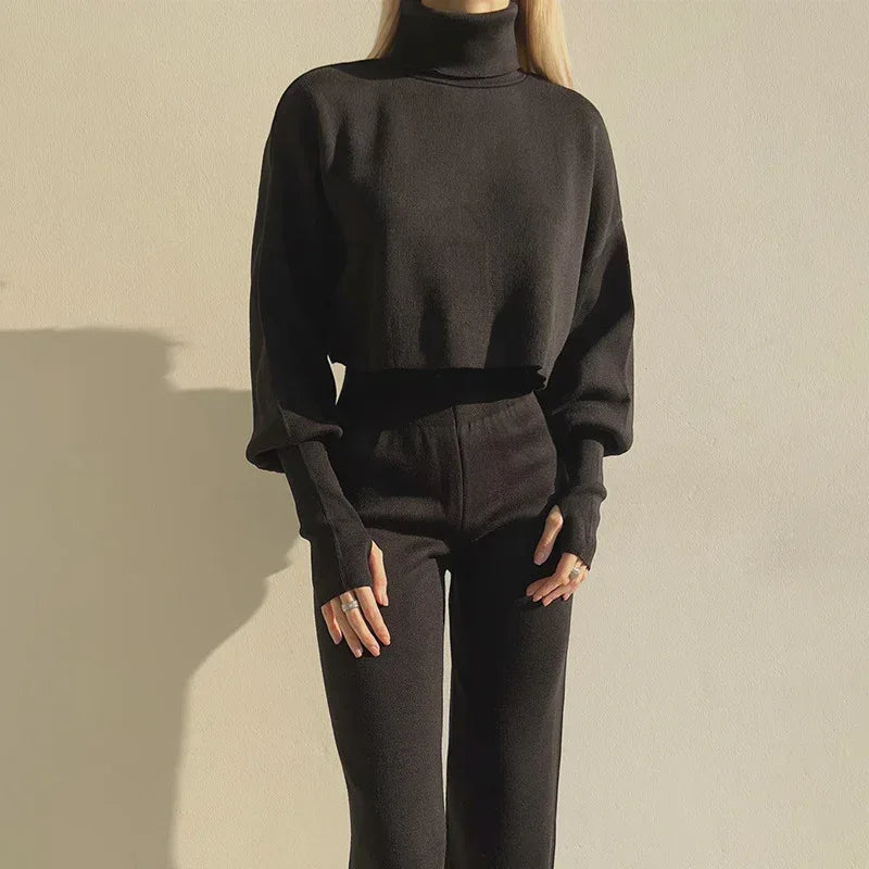 Autumn And Winter New European And American Turtleneck Loose Long Sleeve Top Female Casual Fashion Set - Viexta