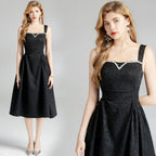 Rhinestone French Slim Fit Waist Dress - Viexta