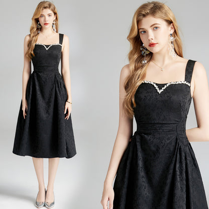 Rhinestone French Slim Fit Waist Dress