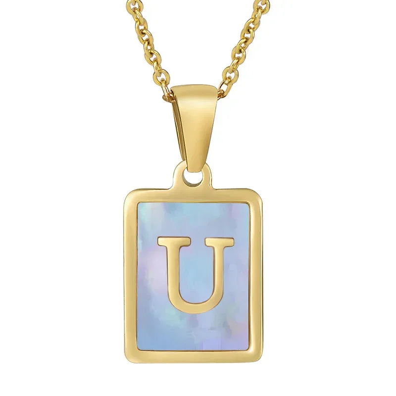 Titanium Steel 26 English Letter Blue Shell Necklace - Viexta