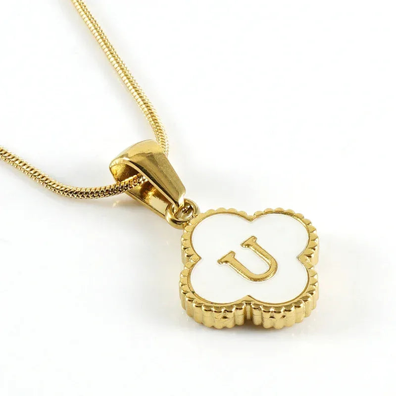 Stainless Steel Clover Shell Letter Pendant with Chain - Viexta