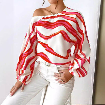 Off-neck Printed Loose-fitting Women's Top