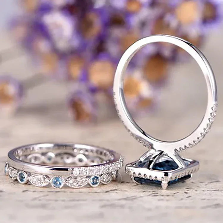 Sea Blue Zircon Engagement Wedding Ring - Viexta