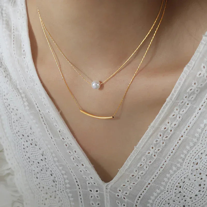 Shell Pearls Double-layer Titanium Steel Necklace - Viexta