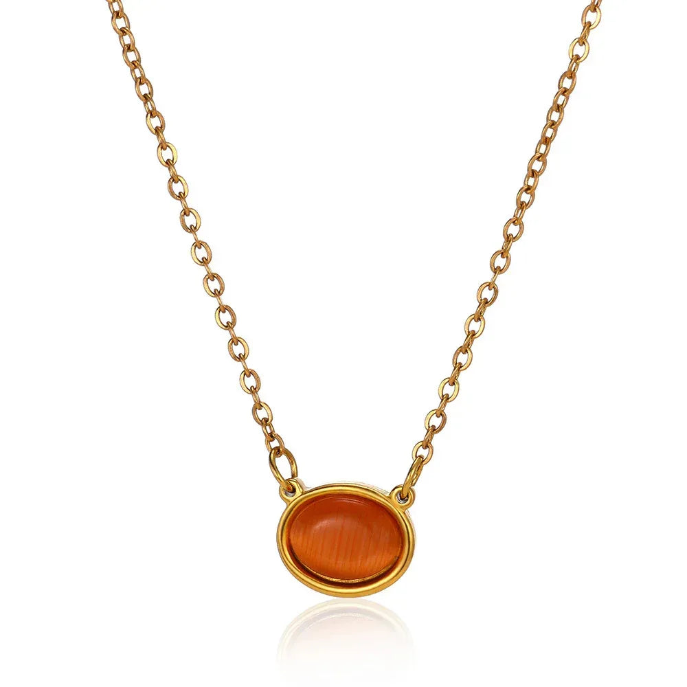 Oval Cat's Eye Pendant Titanium Steel Necklace - Viexta