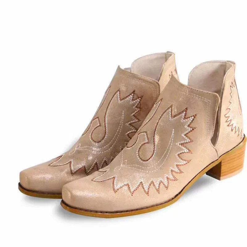 Embroidered Chunky Heel Tube Boots - Viexta