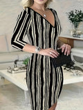 Geometric Pattern Three-quarter Sleeve Dress - Viexta