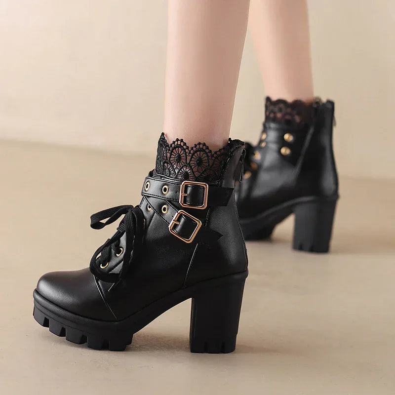 Princess Lace Up Belt Buckle Boots - Viexta