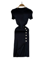 Solid Color Round Neck Knitted Slit Sheath Dress - Viexta