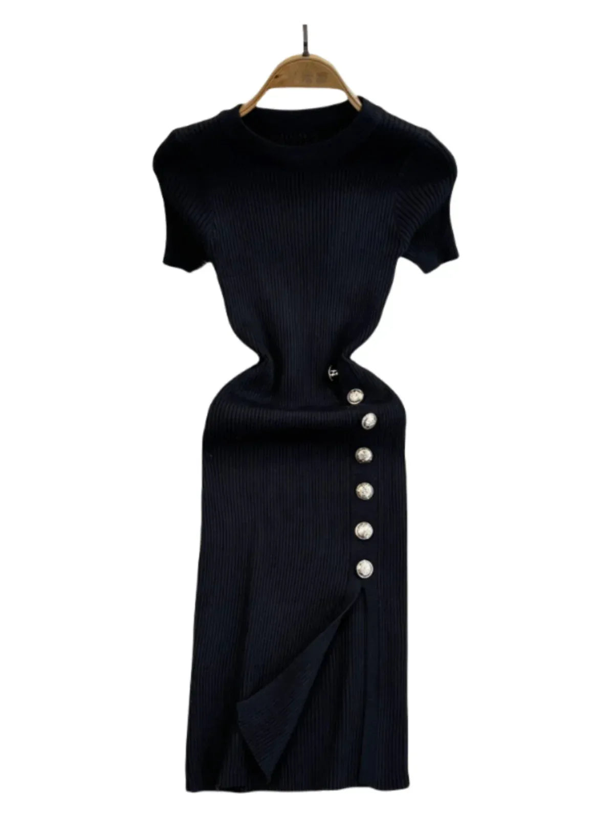 Solid Color Round Neck Knitted Slit Sheath Dress - Viexta