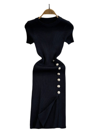 Solid Color Round Neck Knitted Slit Sheath Dress