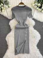 Solid Color Round Neck Knitted Slit Sheath Dress - Viexta