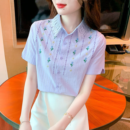 Cotton Embroidered Short-sleeved Top