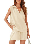 Solid Sleeveless V-neck T-shirt with Shorts Suit - Viexta