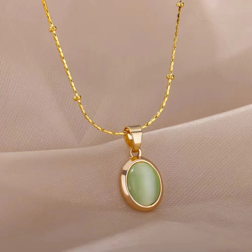 Oval Cat's Eye Pendant Titanium Steel Necklace - Viexta