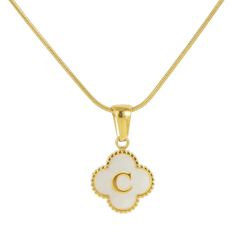 Stainless Steel Clover Shell Letter Pendant with Chain - Viexta