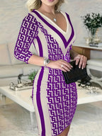 Geometric Pattern Three-quarter Sleeve Dress - Viexta