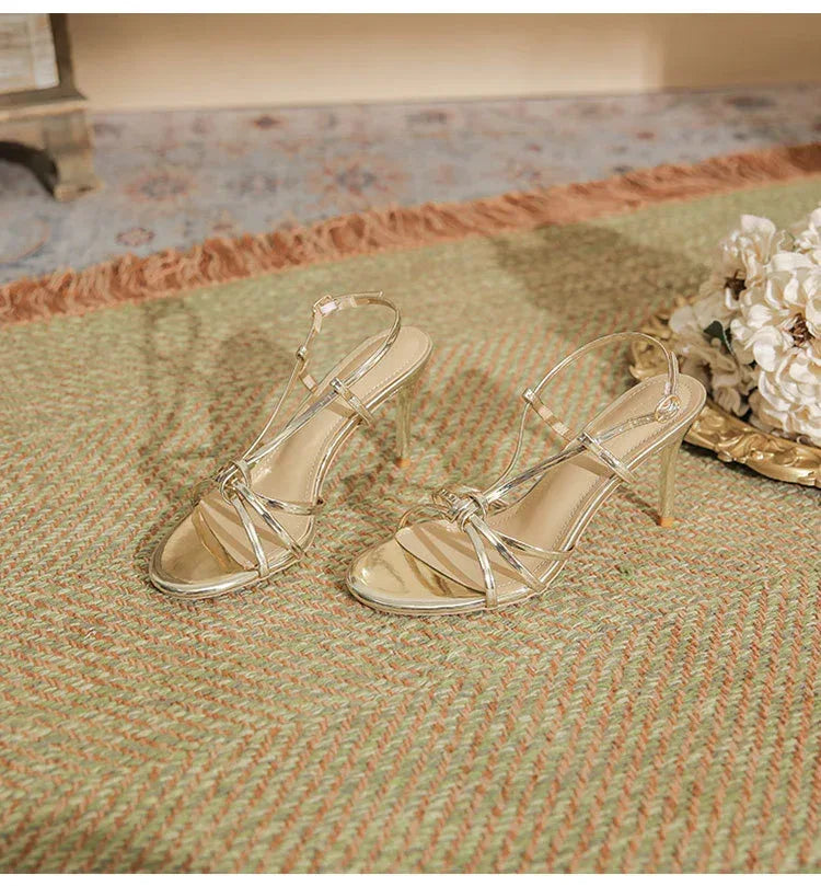 Gold Thin Round Toe High Heels - Viexta