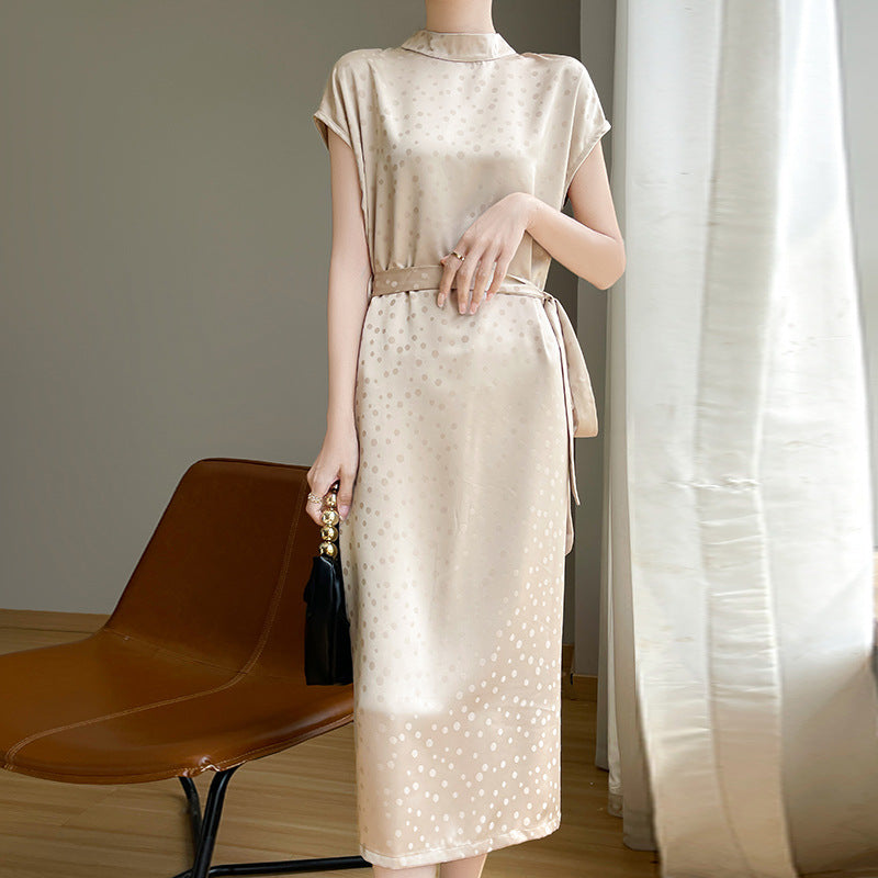 Satin High-grade Polka Dot Turtleneck Acetic Dress