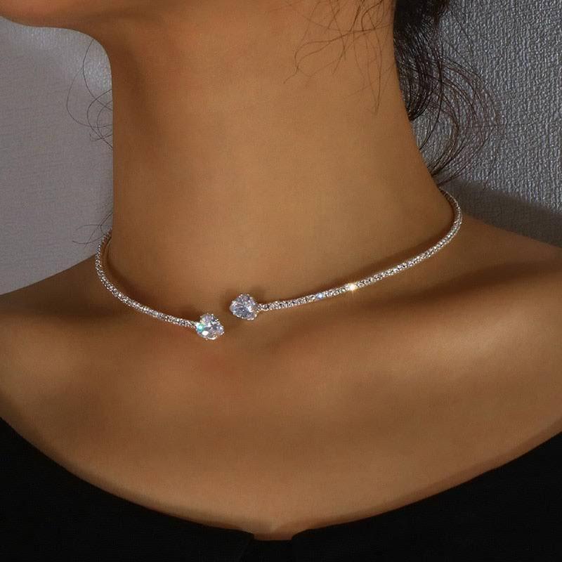 Rhinestone Heart Collar Choker Necklace - Viexta
