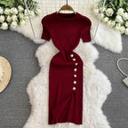 Solid Color Round Neck Knitted Slit Sheath Dress - Viexta