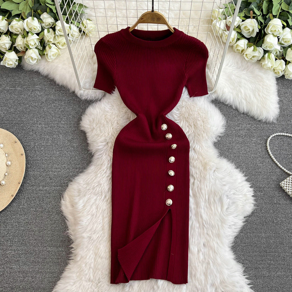 Solid Color Round Neck Knitted Slit Sheath Dress