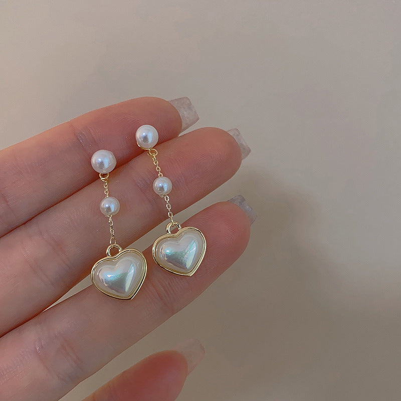 Silver Pearl Heart Tassel Earrings