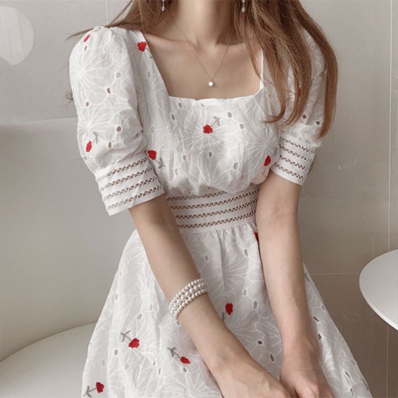 French Salt Square Collar Embroidery Floral Mid-length Dress