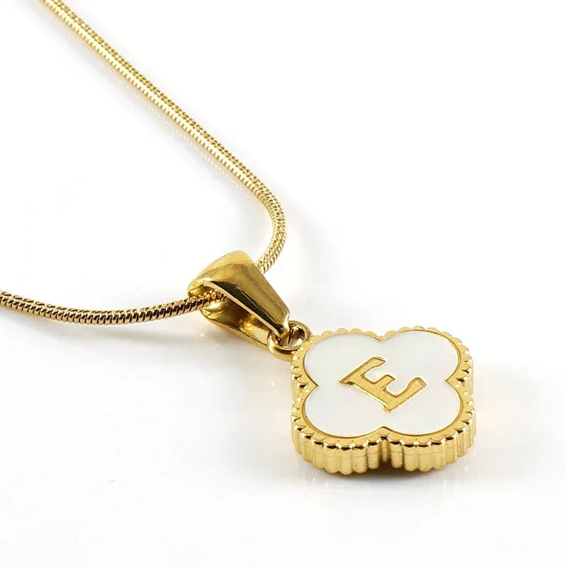 Stainless Steel Clover Shell Letter Pendant with Chain - Viexta